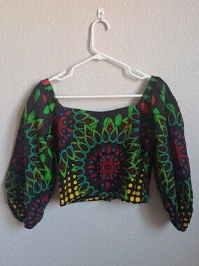 Green Red Tropical Off The Shoulder Longsleeve Crop Top